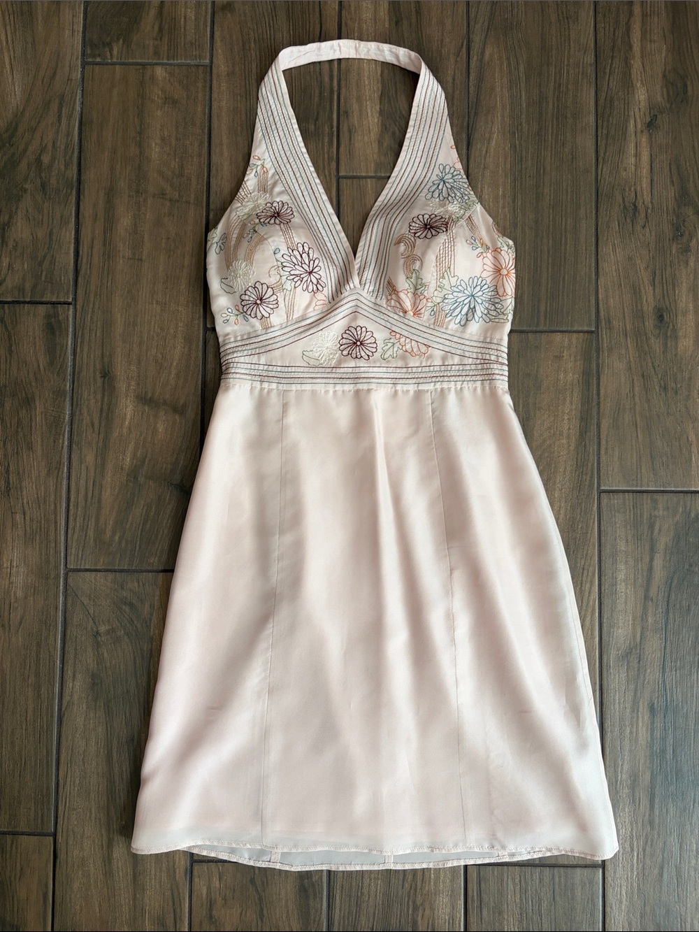 100% Silk Halter Dress with Floral Embroidered Bodice - Blush